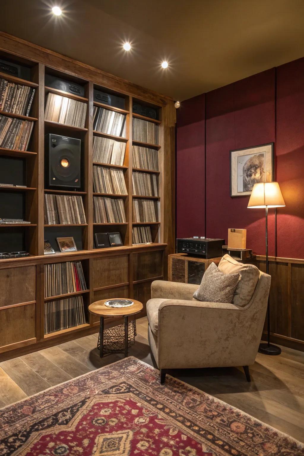 Armchair and record shelves in a warmly lit listening room